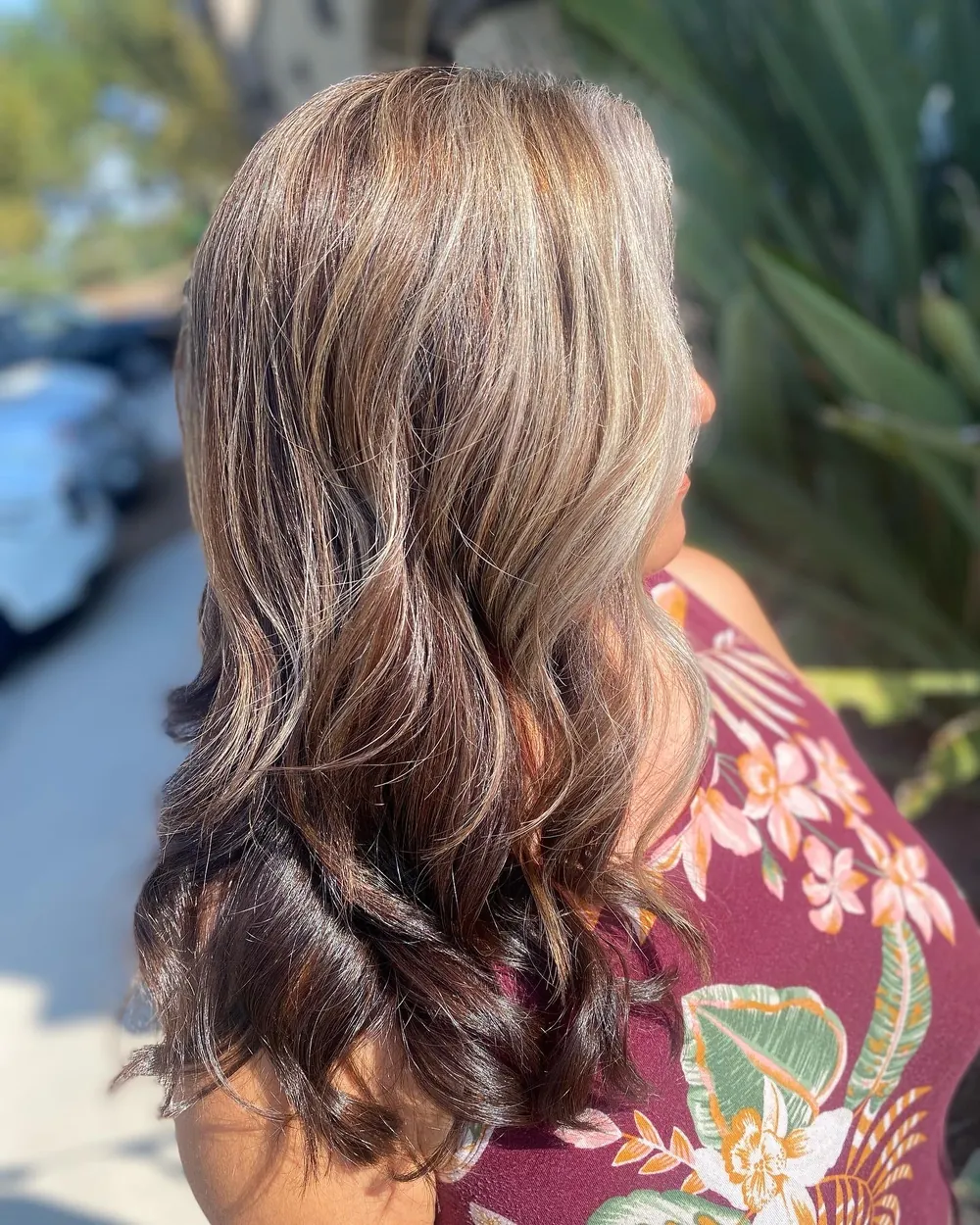 Long wavy brunette hair with blonde highlights, seen from the side